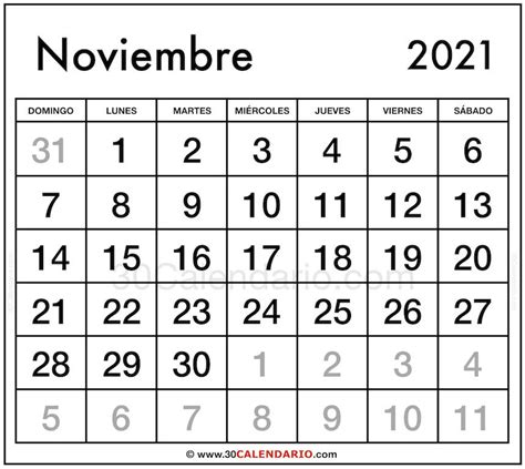 Blanco Calendario Noviembre 2021 Con Feriados Y Feriados Para Imprimir