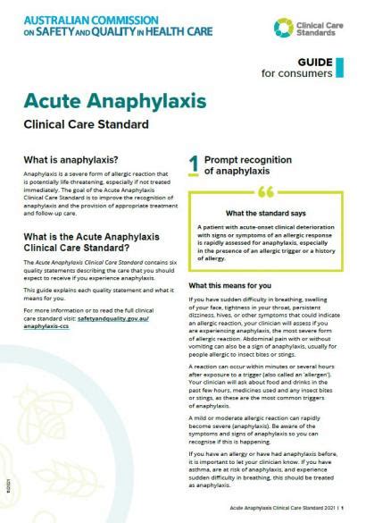 Consumer Guide Acute Anaphylaxis Clinical Care Standard Australian
