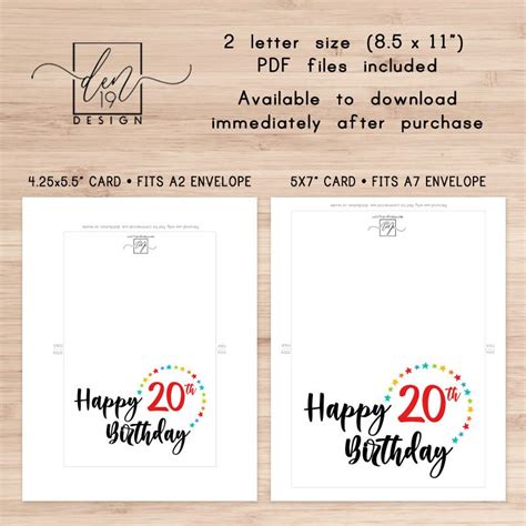 Printable Happy 20th Birthday Card Instant Download Pdf Etsy
