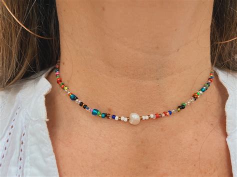 Pearl Beaded Choker Pearl Beaded Necklace Rainbow Beaded Etsy
