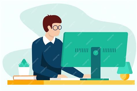 Premium Vector Man Working At The Computer Vector Illustration In A