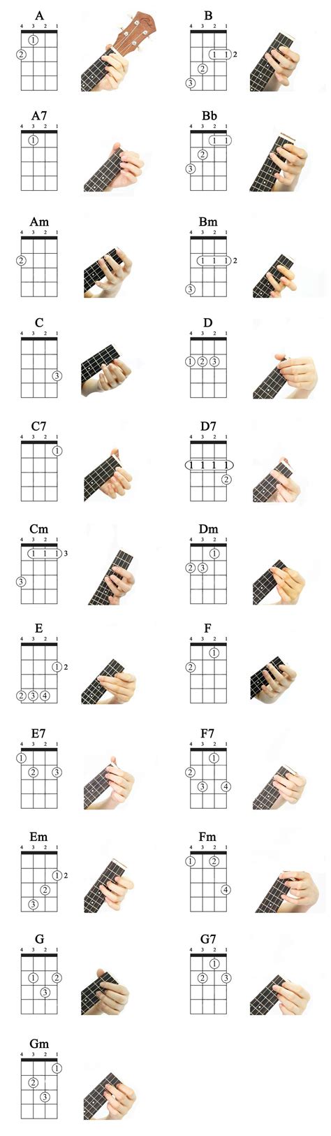 The four chords you should start off with are c, a minor, f, and g. Ukulele: Basic 21 Ukulele Chords For Beginning Players