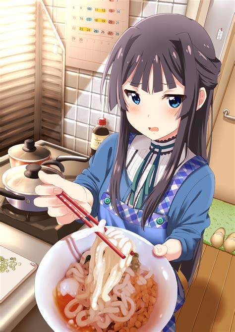 Safebooru 1girl Absurdres Apron Black Hair Blue Eyes Blush Bowl