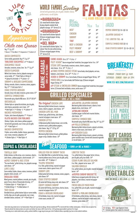 Lupe Tortilla menu in San Antonio, Texas, USA