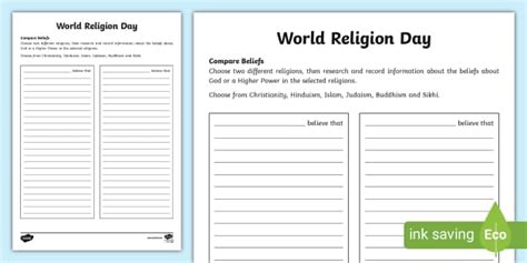 Ks2 World Religion Day Compare Beliefs Worksheet Twinkl