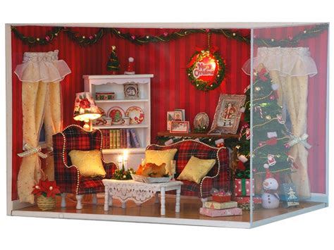 Vic Diy Christmas Scene Wooden Dollhouse Miniature Model Kit Light