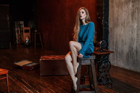 Wallpaper Vlad Popov Model Brunette Portrait Sitting Sewing