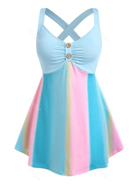 Plus Size Ruched Crisscross Rainbow Color Tank Top 54 Off Rosegal