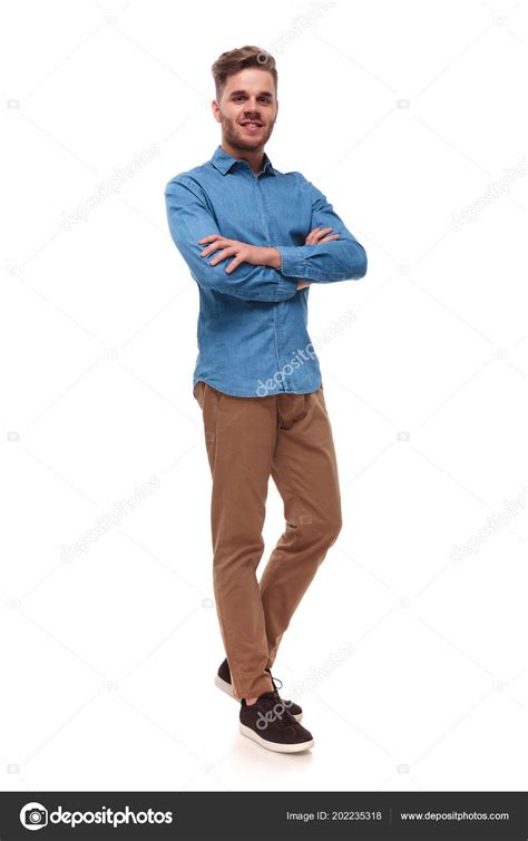 Handsome Casual Man Standing White Background Arms Crossed Full Body