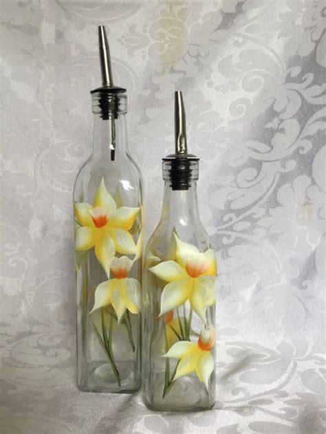 Daffodil Oil And Vinegar Set Glass Bottle Crafts Painted Wine