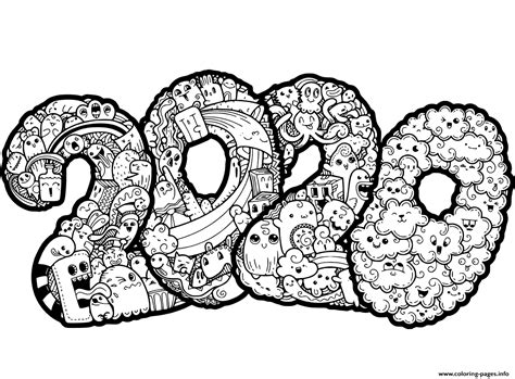 New Year 2020 Doodle Coloring Page Printable