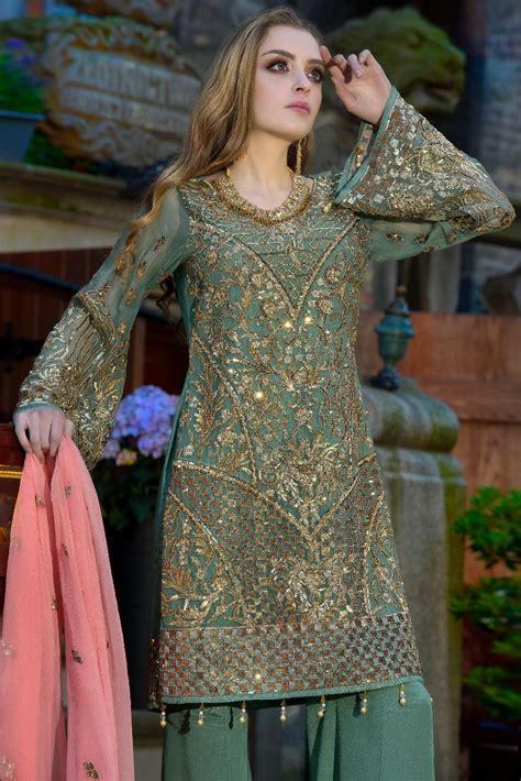 Pakistani Sequins Embroidered Dress In Green Color Nameera By Farooq