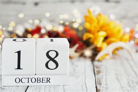 October 18th Calendar Blocks With Autumn Decorations Stock Photo