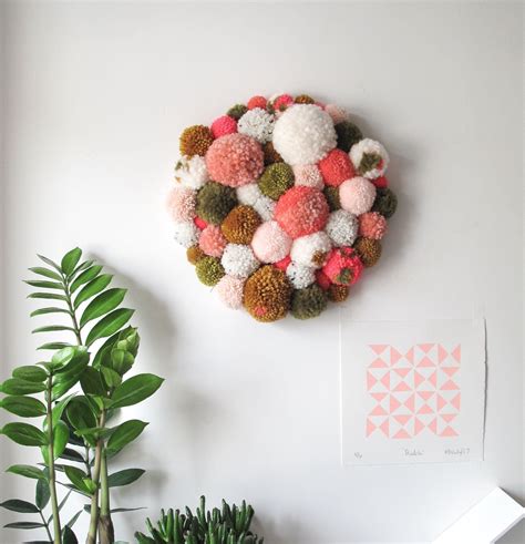 Pom Pom Wall Hangingwall Art Peaches And Green Yarn Wall Art Fiber