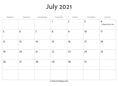 July 2021 Calendar Printable With Holidays Whenisholidaysnet