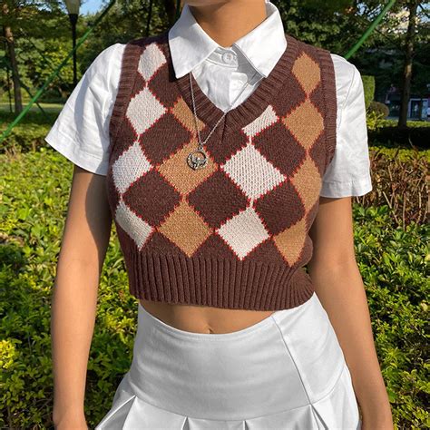 Argyle Knit Casual Sweater Vest 90s Y2k Brown Streetwear In 2021