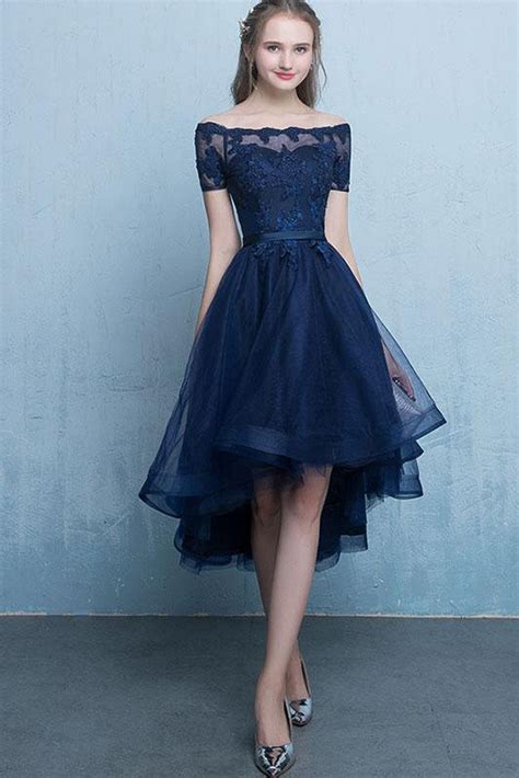 Short Prom Dresses Ukdark Blue Lace Tulle High Low Round Neck A Line