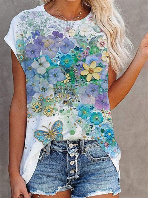 Short Sleeve Floral Crew Neck Cotton Blend T Shirt Tops Zolucky Floral 1 White Women Printed