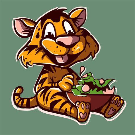 Digital Art Of A Cartoon Tiger Eating Salad From A Big Bowl In His Lap