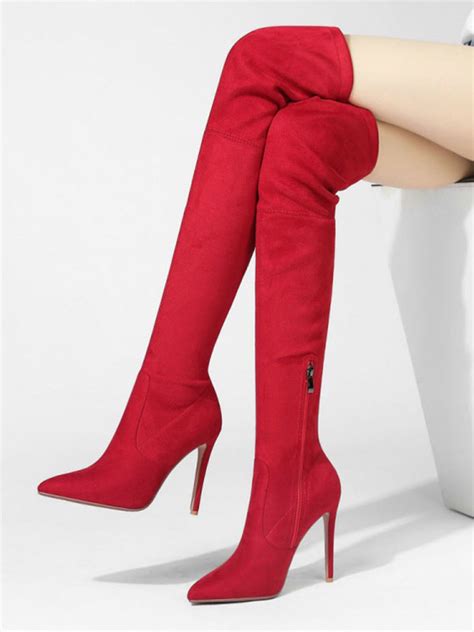 women over the knee boots stiletto heel pointed toe pu leather red thigh high boots