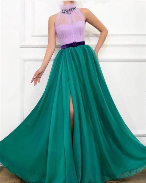 2019 High Neck Purple Green Prom Dresses Long A Line Beaded Crystals