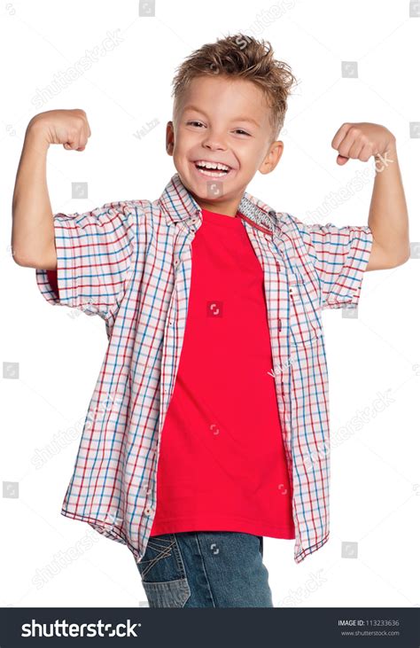 Happy Boy Showing His Muscles Isolated Foto Stock 113233636 Shutterstock
