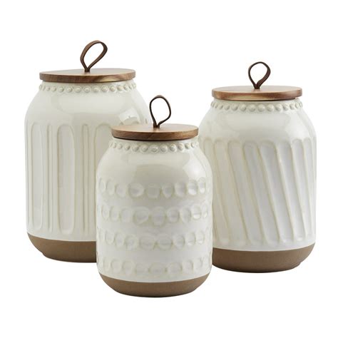 Tabletops Gallery 3 Piece Embossed White Canister Set Stoneware Designed Embossed Acacia Wood