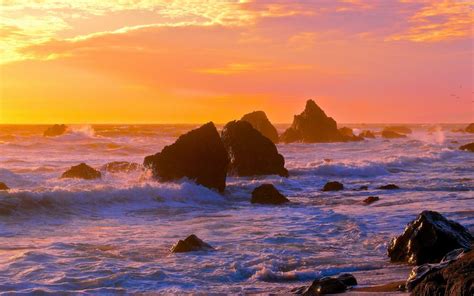 Sunset Sea Rocks Waves Landscape Ocean Wallpaper 2560x1600 153382