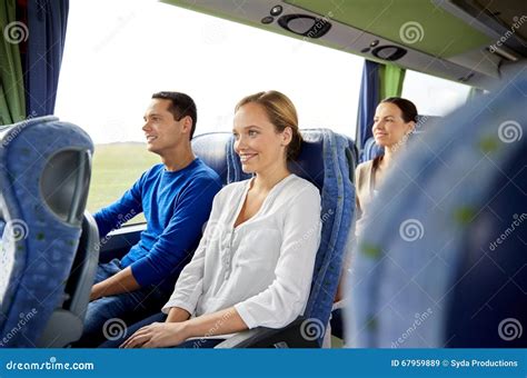 Group Of Happy Passengers In Travel Bus Stock Image Image Of Concept