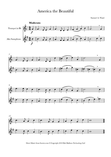 Samuel A Ward America The Beautiful Sheet Music For Trumpet