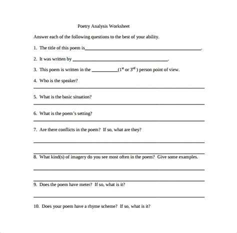 Group name _ poetry analysis worksheet for this project you will read and analyze reapers by jean toomer. Sample Poetry's Analysis Template - 9+ Free Documents in PDF