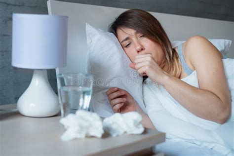 Sick Woman Coughing While Lying In Bed Stock Image Image Of Allergy