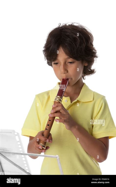 Little Boy Is Playing The Recorder On White Background Stock Photo Alamy