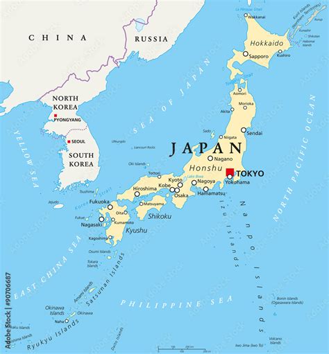 Japan Political Map With Capital Tokyo National Borders And Important