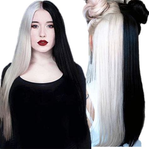 imstyle half black half white lace front wig cruella de vil wigs for costume party synthetic