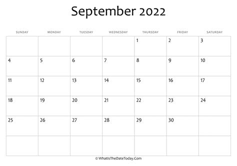 Blank September Calendar 2022 Editable Whatisthedatetodaycom