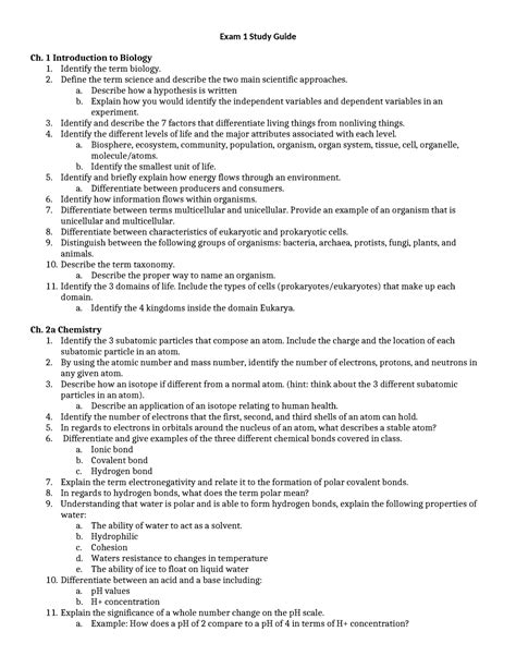 Exam 1 Study Guide Exam 1 Study Guide Ch 1 Introduction To Biology