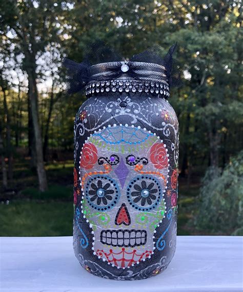 Sugar Skull Jar Lighted Jars Day Of The Dead Jar Lighted Bottles
