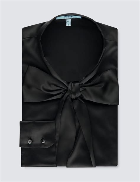 women s black fitted satin blouse pussy bow hawes and curtis