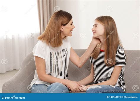 Happy Mother Talking With Her Teenager Daughter Stock Image Image Of