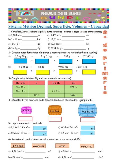 Sistema Métrico Decimal Superficie Volumen Capacidad Worksheet
