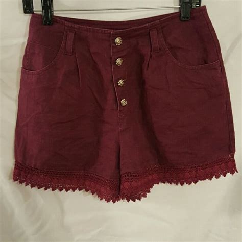 Burgundy Lace Trim Shorts W Rose Buttons Perfect For Fall Shorts