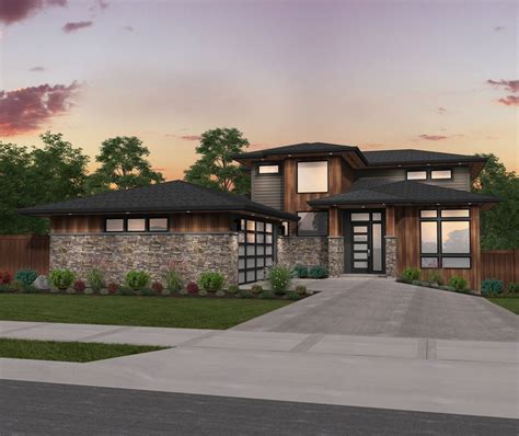 Hip Burgundy In 2020 Contemporary House Plans Prairie Style Houses