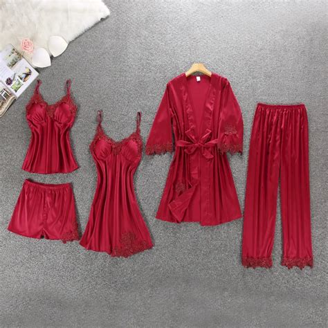 Conjunto De Pijama Feminino De Cetim 5 Peças Pijama Feminino Com Renda Roupa De Dormir Pijama