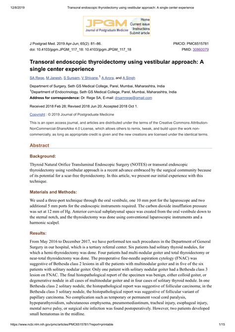 PDF Transoral Endoscopic Thyroidectomy Using Vestibular Approach A