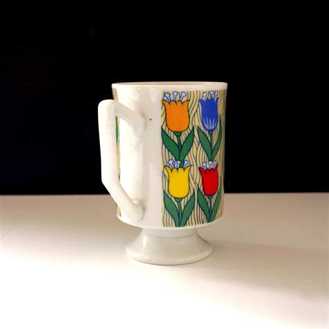 Vintage Tulips Mug Pedestal Shape White Porcelain Mug Footed Printed