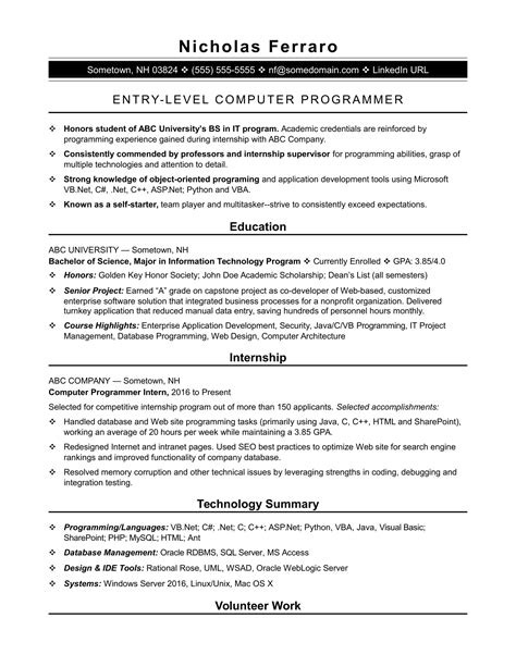Sample Resume For An Entry Level Computer Programmer