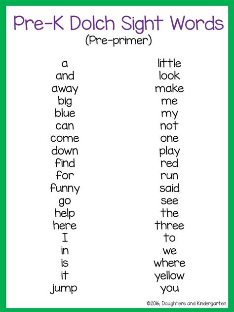 Dolch Sight Word Lists Preschool Sight Words Preschool