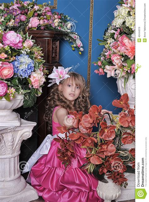 Girl In A Pink Dress Among The Flowers Stock Image Image Of Costume Fashion 40444019