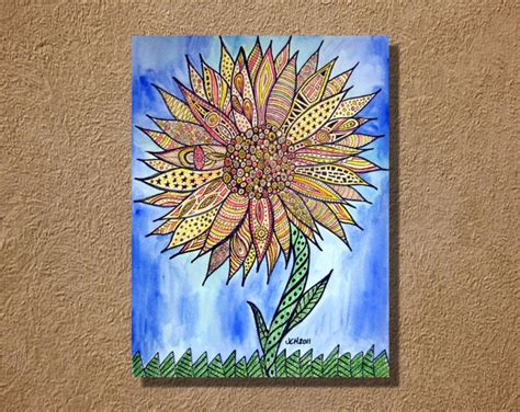 Zentangle Style Sunflower Original Watercolor Painting Ink Etsy